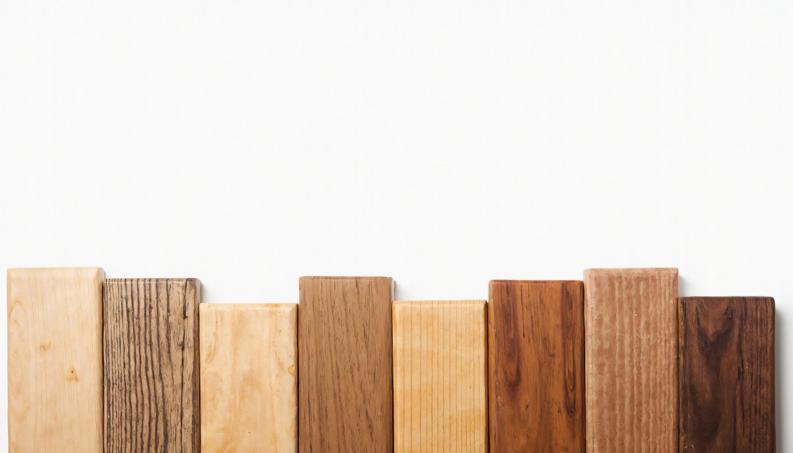 Muestras organizadas de diferentes tipos de madera mostrando variedad de colores y veteados